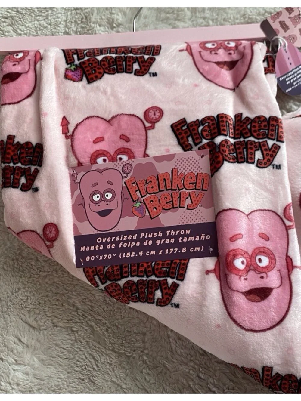 Franken Berry Monsters Cereal Pink Oversized Plush Throw Blanket 60” X 70” NEW